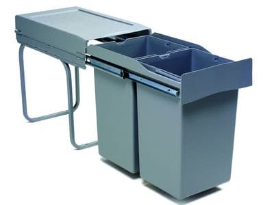 Pull-out waste bin, 2 x 14 ltr, full extension runners, grey
